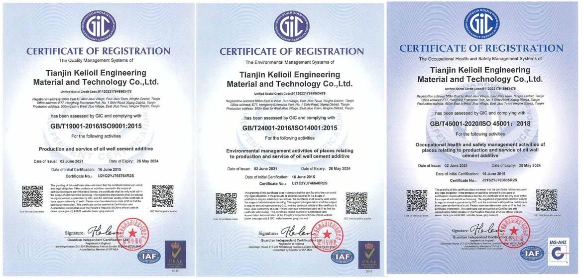 Kelioil international certification for oil well cement additives