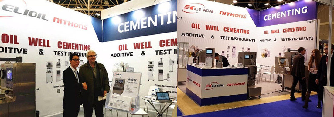 Kelioil technical team discussing CG116S-P field cementing solutions at global energy expo